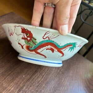 Vintage Chinese Red Dragon Flaming Pearl Bowl Hand Painted Rice Soup 1950’s